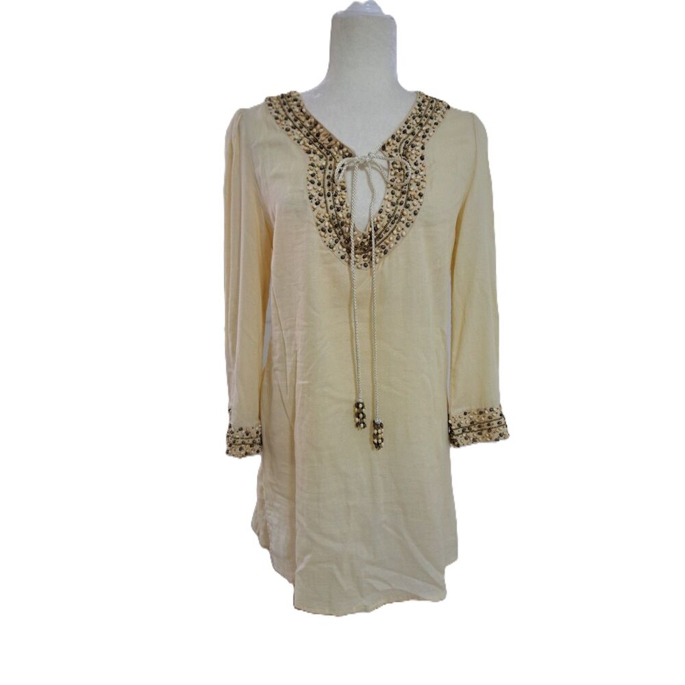 Theme Women's Beige Beaded Long Sleeve Tunic Cover Travel Boho Vacation Sz Large